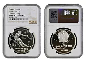 中国 5 元 1988 銀 NGC PF69 UC 「ダウンヒル スキー カルガリー オリンピック」