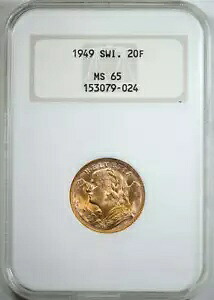 1949 スイス ゴールド 20F フラン NGC ファッティ MS65|WORLD RESOURCE【KING店】