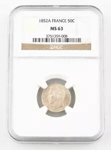 1852-A フランス 50 サンタイム銀貨 MS-63 NGC パリ 50c セント KM-793｜WORLD RESOURCE【KING店】 250,965円