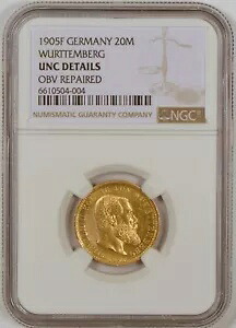 1905-F ドイツ/ヴュルテンベルク 20 マルク金貨ヴィルヘルム 2 世 NGC 未流通 詳細｜WORLD RESOURCE【KING店】