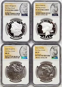4 コイン セット 2024 モルガンとピース シルバー ドル NGC MS PF 70 初日 インハンド|WORLD RESOURCE【KING店】
