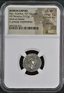 ローマ帝国 - マルクス アウレリウス - AD 161-180 - デナリウス銀貨 - NGC Ch XF