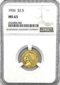 1926 年 $2.5 ゴールド インディアン ヘッド、NGC MS-63、プレ 33 ゴールド。素敵な光沢。