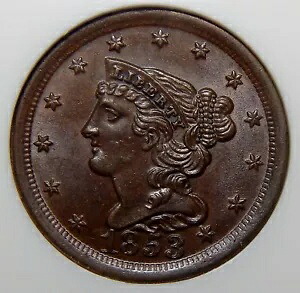 1853 NGC MS64BN CAC ブレイデッド ヘア ハーフセント