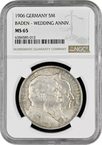バーデン 5 マーク 1906、NGC MS65、「フリードリヒ 1 世とルイーズの 50 年の結婚式」-