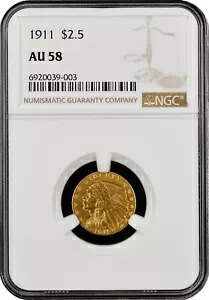 1911 ゴールド インディアン ヘッド クォーター イーグル $2.50 - NGC AU 58 / 素敵なコイン!