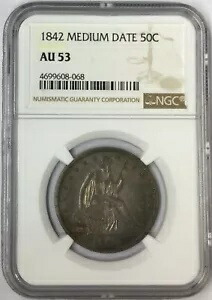 1842 ミディアム デイト 50C シーテッド リバティ ハーフダラー NGC AU53 !