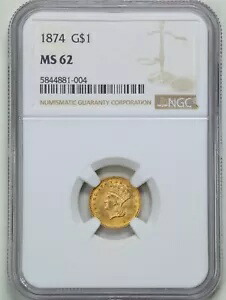 1874年 G$1 インディアン プリンセス ヘッド ゴールド ダラー MS62 NGC 5844881-004