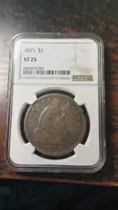 1871 年 シルバー シーテッド リバティ ドル 1 ドル NGC VF25 4153