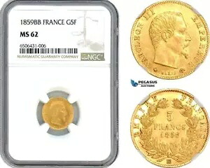 A7/208、フランス、ナポレオン 3 世、5 フラン 1859 BB、ストラスブール造幣局、NGC MS62｜WORLD RESOURCE【KING店】
