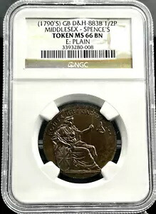 1790年代 GB DH-883B ミドルセックス・スペンスの 1/2 ペニー コンドル トークン NGC MS66 BN