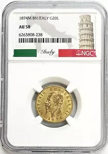 1874 M BN 金 イタリア 20 リラ 6.45 グラム ヴィットリオ エマヌエーレ 3 世 コイン NGC AU 58