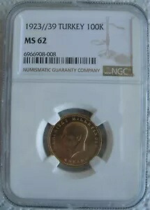 トルコ 1923/39 ゴールド 100 クルシュ NGC MS-62