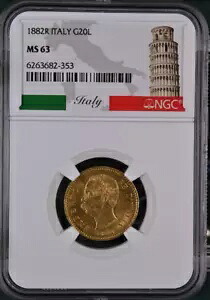 1882R イタリア ゴールド 20 リラ NGC MS63 *送料無料*