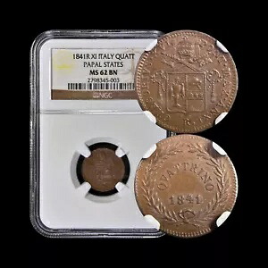 イタリア。 1841年、クアトリーノ - NGC MS62 - 教皇領、グレゴリウス16世、1/0 OVD、R/B OMM
