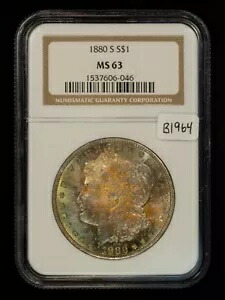 1880-S $1 モルガン ダラー - PQ レインボー トーニング セミ PL - NGC MS 63 - SKU-B1964｜WORLD RESOURCE【KING店】