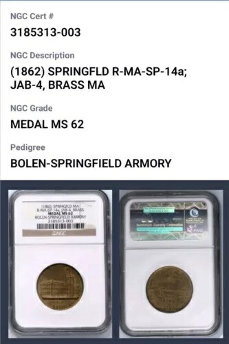 1862 スプリングフィールド MA SP 14a JAB 4 ボーレン US アーセナル マーチャント トークン NGC MS62 CB1177