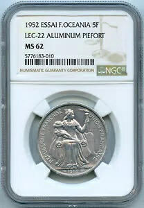 オセアニア フランス 5 フラン テスト ピエフォール 1952 NGC Ms 62 Km PE4|WORLD RESOURCE【KING店】