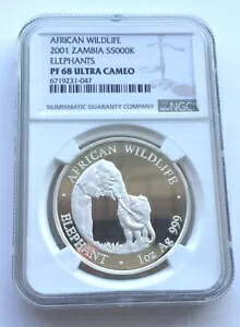 ザンビア 2001 エレファント 5000 クワッハ NGC PF68 1 オンス シルバー コイン、プルーフ｜WORLD RESOURCE【KING店】