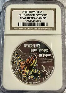 2008 ツバル ブルーリングダコ 1 オンス .999 シルバー コイン NGC PF69 UC ミント 2000!｜WORLD RESOURCE【KING店】