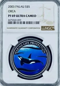 2003 シャチ シャチ 海洋生物 カラーライズド パラオ $5 PF69 UCAM .999 トップ ポップ 1!｜WORLD RESOURCE【KING店】