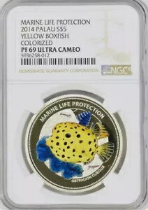 2014 イエロー ハコフグ 海洋生物 オストラシオン キュービカス 25g .998 シルバー パラオ $5 PF69｜WORLD RESOURCE【KING店】