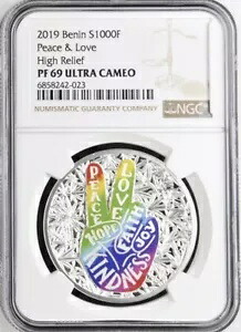 2019 Peace & Love ベナン 大麻 1 オンス シルバー コイン NGC PF69 UCAM ミンテージ 999!｜WORLD RESOURCE【KING店】