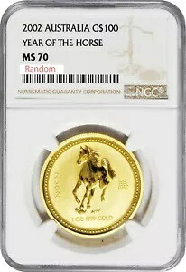 オーストラリア 100 AUD 2002 太陰暦 I 午年 1オンス 金貨 NGC MS70-