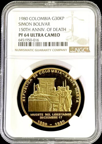 1980年 コロンビア金貨 500枚 発行 30,000ペソ シモン・ボリバル生誕150周年 NGC PF 64 UC｜WORLD RESOURCE【KING店】