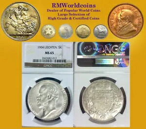 リヒテンシュタイン 1904 5 KR、希少なスーパーNGC 65 PO、キー日付、少量発行 10,000枚｜WORLD RESOURCE【KING店】
