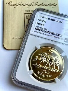 マラウイ - 1978 - 250 クワチャ - ニヤラ - ゴールド - NGC MS67 COA 037-