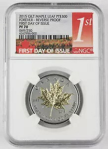 カナダ 2015年 メープルリーフ 300ドル 金箔 1オンス プラチナ リバース プルーフコイン NGC PF70 FDOI｜WORLD RESOURCE【KING店】