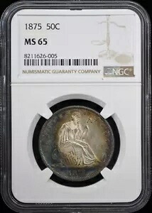 1875年 着席型自由の女神像 ハーフドル - モットー 50C NGC MS65