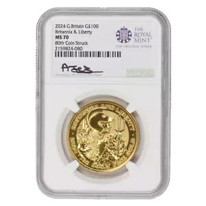 イギリス 2024年 100ポンド金貨 ブリタニア＆リバティ NGC MS70 80th 鋳造