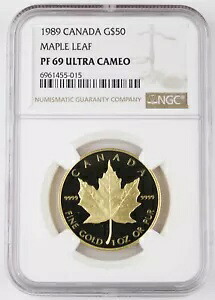 カナダ 1989年 メープルリーフ 50ドル 1トロイオンス 9999ゴールドプルーフコイン NGC PF69 ウルトラカメオ｜WORLD RESOURCE【KING店】