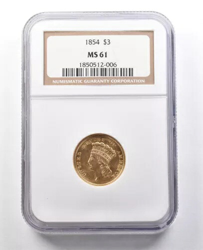 1854年 3ドル インディアン プリンセスヘッド ゴールド 3ドル MS61 NGC *8835｜WORLD RESOURCE【KING店】