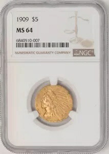 1909年 5ドル金貨 インディアン MS64 NGC 948507-9｜WORLD RESOURCE【KING店】 876,260円