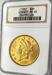 1907年 20ドル金貨 リバティヘッド ダブルイーグル NGC MS62 OH 美しい色合いと光沢のある｜WORLD RESOURCE【KING店】