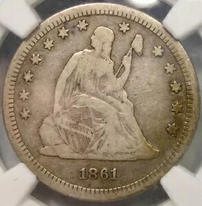 1861年 自由の女神像 銀貨 クォーター 魅力 非常に希少 セミキーデート NGC VF 20｜WORLD RESOURCE【KING店】