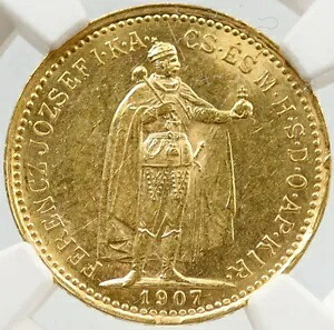 1907年 ハンガリー フランツ・ヨーゼフ1世 アンティーク 10コロナ金貨 NGC i119714｜WORLD RESOURCE【KING店】