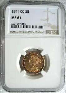 1891 CC $5 5ドル リバティヘッド ゴールド ハーフイーグル NGC MS-61｜WORLD RESOURCE【KING店】