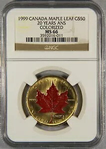 1999年カナダ製 純金貨 メープルリーフ NGC MS66 G$50 20年 着色済み 1オンス｜WORLD RESOURCE【KING店】