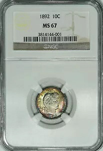 1892 NGC MS67 バーバーダイム、非常に光沢のあるオリジナル、美しいオリジナルの色調｜WORLD RESOURCE【KING店】