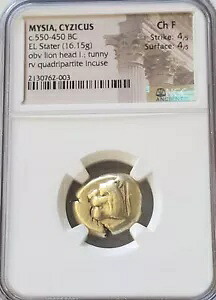 ミシア、キジカス ライオン ヘッド ステーター NGC チョイス ファイン 4/4 古代エレクトラム コイン｜WORLD RESOURCE【KING店】