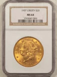 1907年 20ドル リバティゴールド ダブルイーグル - NGC MS-64、美しい色、最終年、良好|WORLD RESOURCE【KING店】