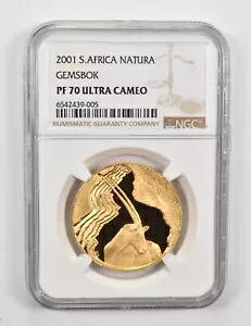 PF70 UCAM 2001 南アフリカ 1オンス .999 純金 - ナチュラ - ジェムズボック - NGC *0256