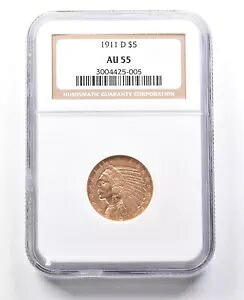 1911-D 5ドル インディアンヘッド ゴールド ハーフイーグル AU55 NGC *1757|WORLD RESOURCE【KING店】