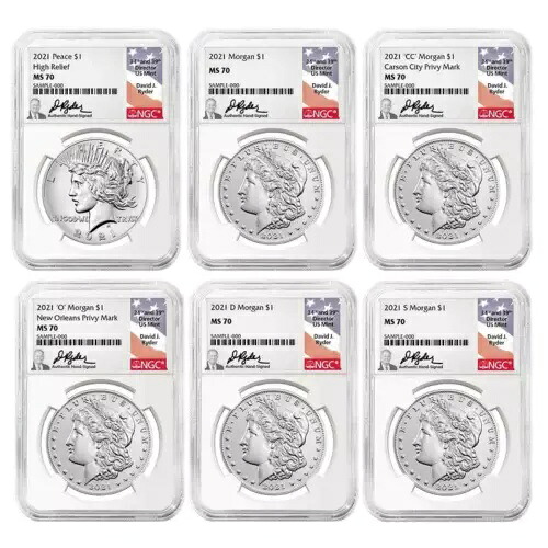 6個セット - 2021年 1ドル シルバー モーガン/ピース NGC MS70 ライダーフラッグラベル（ホワイトコア付き）｜WORLD RESOURCE【KING店】
