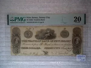 1827 $3 ジャージー シティ ニュージャージー ニュージャージー州 廃止された通貨 フランクリン銀行 PMG 20 VF