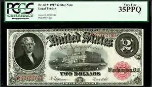 大型米国紙幣 スター* 1917 法定通貨 $2 スター紙幣 Fr#60* PCGS VF 35PPQ